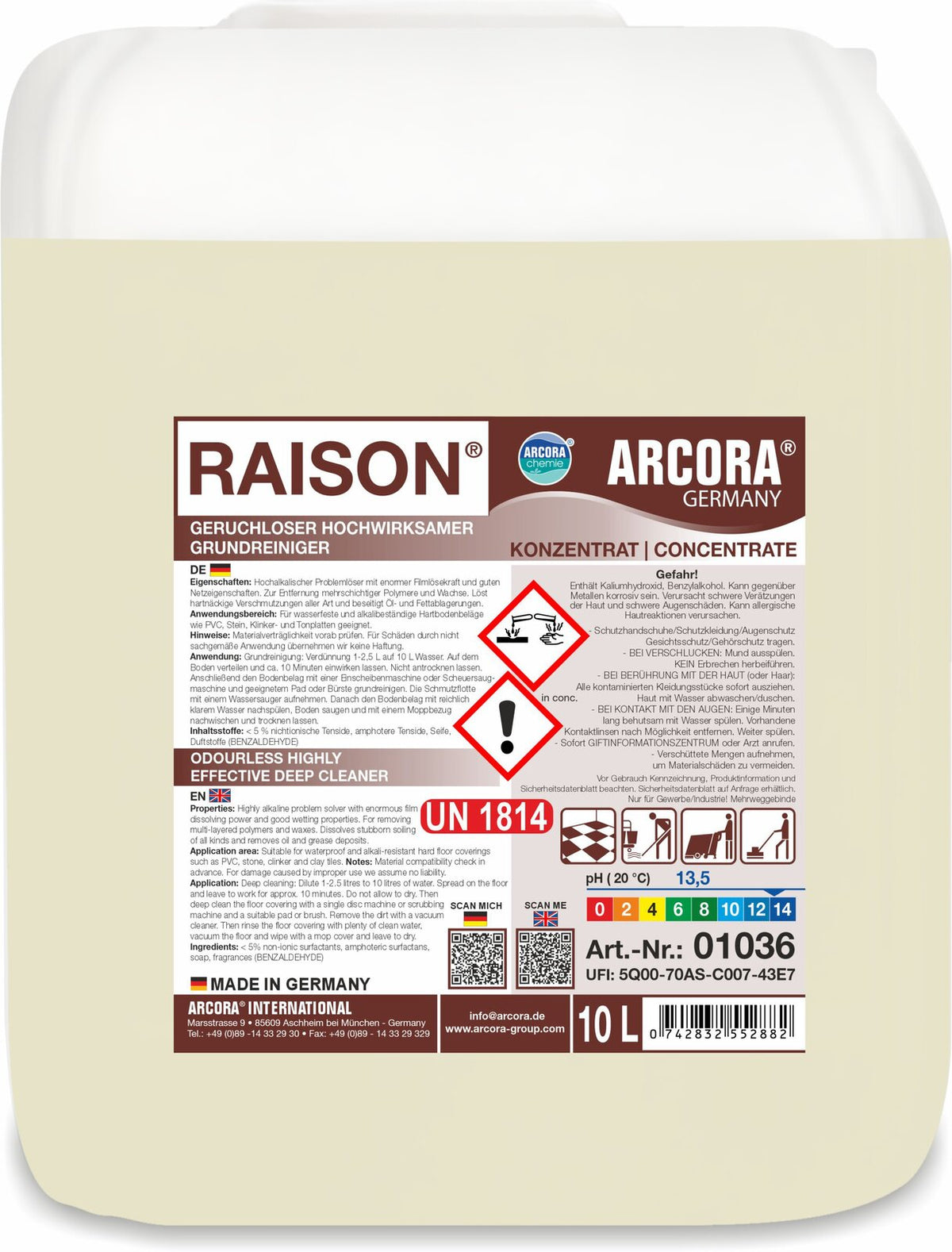 ARCORA Raison Grundreiniger geruchlos, hochwirksam – 10 Liter Kanister