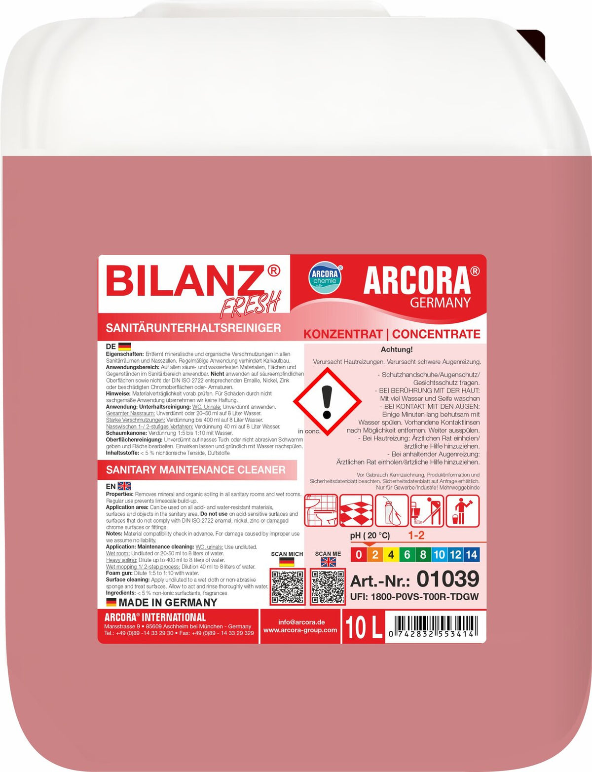 ARCORA Bilanz Fresh препарат за поддръжка на санитарни помещения – туба от 10 литра