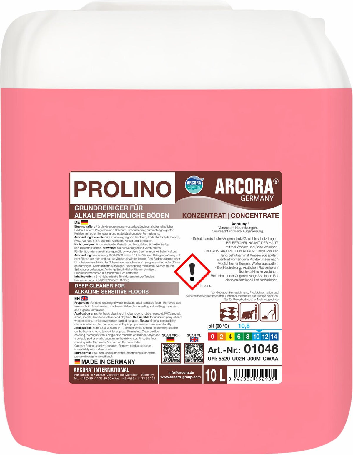 ARCORA Prolino основен почистващ препарат за чувствителни към алкали подови настилки – 10-литров туби