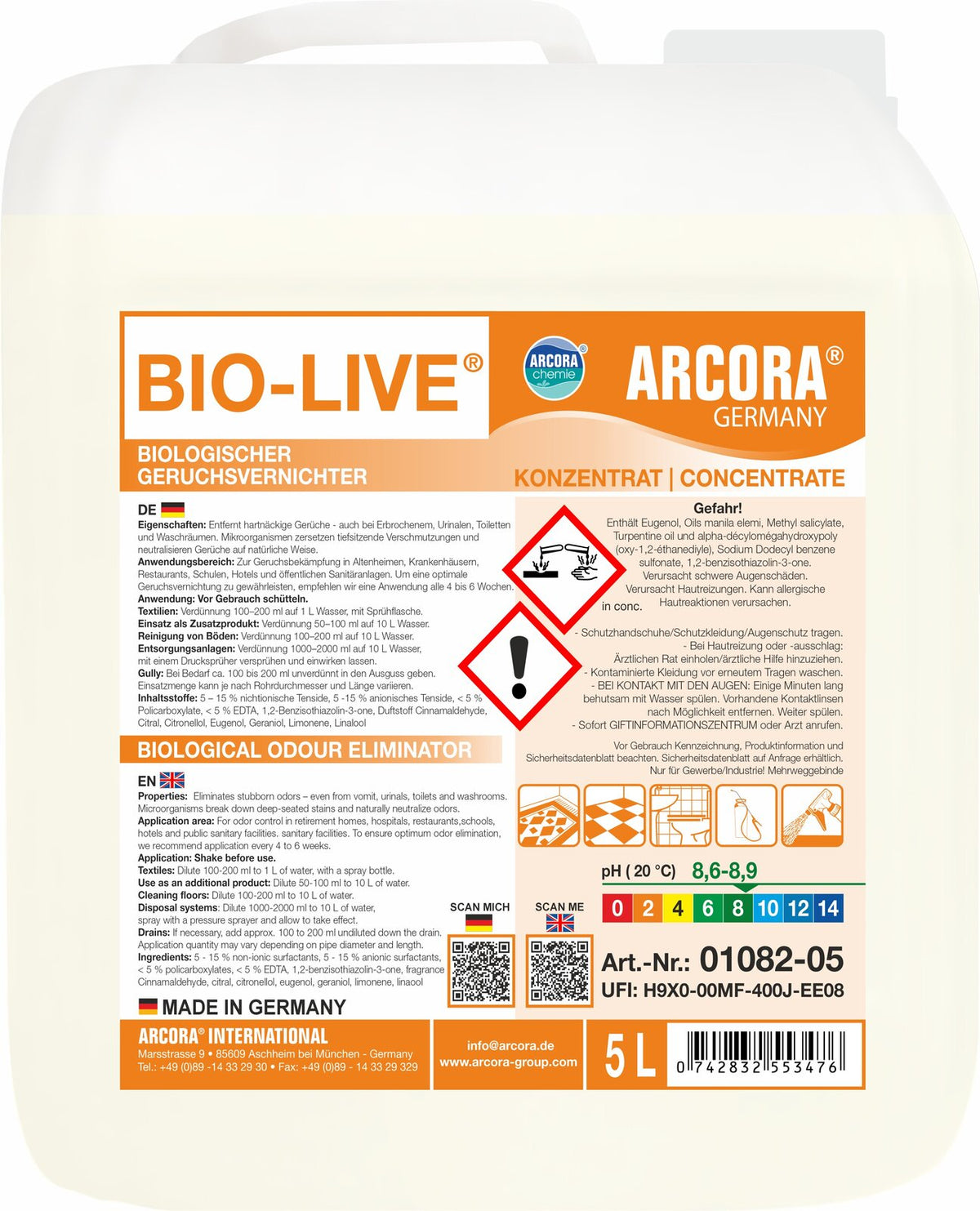 ARCORA Bio-Live biologischer Reiniger und Geruchstilger – 5 Liter Kanister