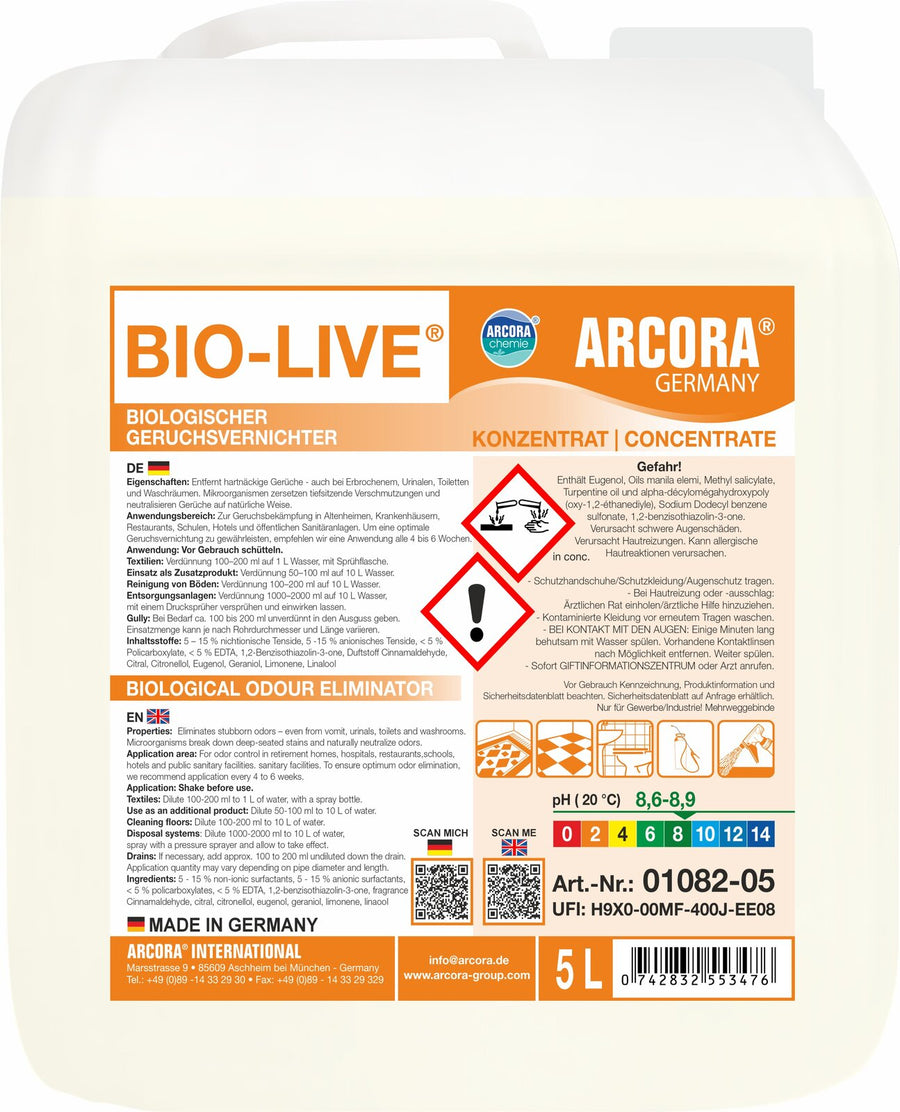 ARCORA Bio-Live biologischer Reiniger und Geruchstilger – 5 Liter Kanister