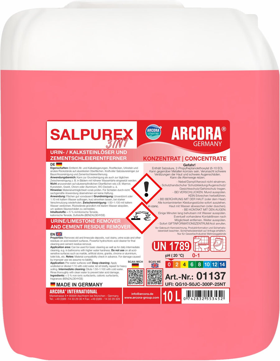 ARCORA Salpurex 3in1 Urin- und Kalksteinlöser, Zementschleierentferner – 10 Liter Kanister