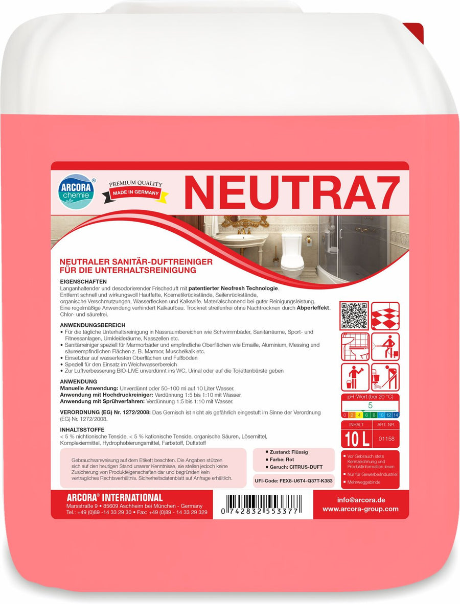 ARCORA Neutra 7 neutraler Sanitär-Duftreiniger für die Unterhaltsreinigung – 10 Liter Kanister