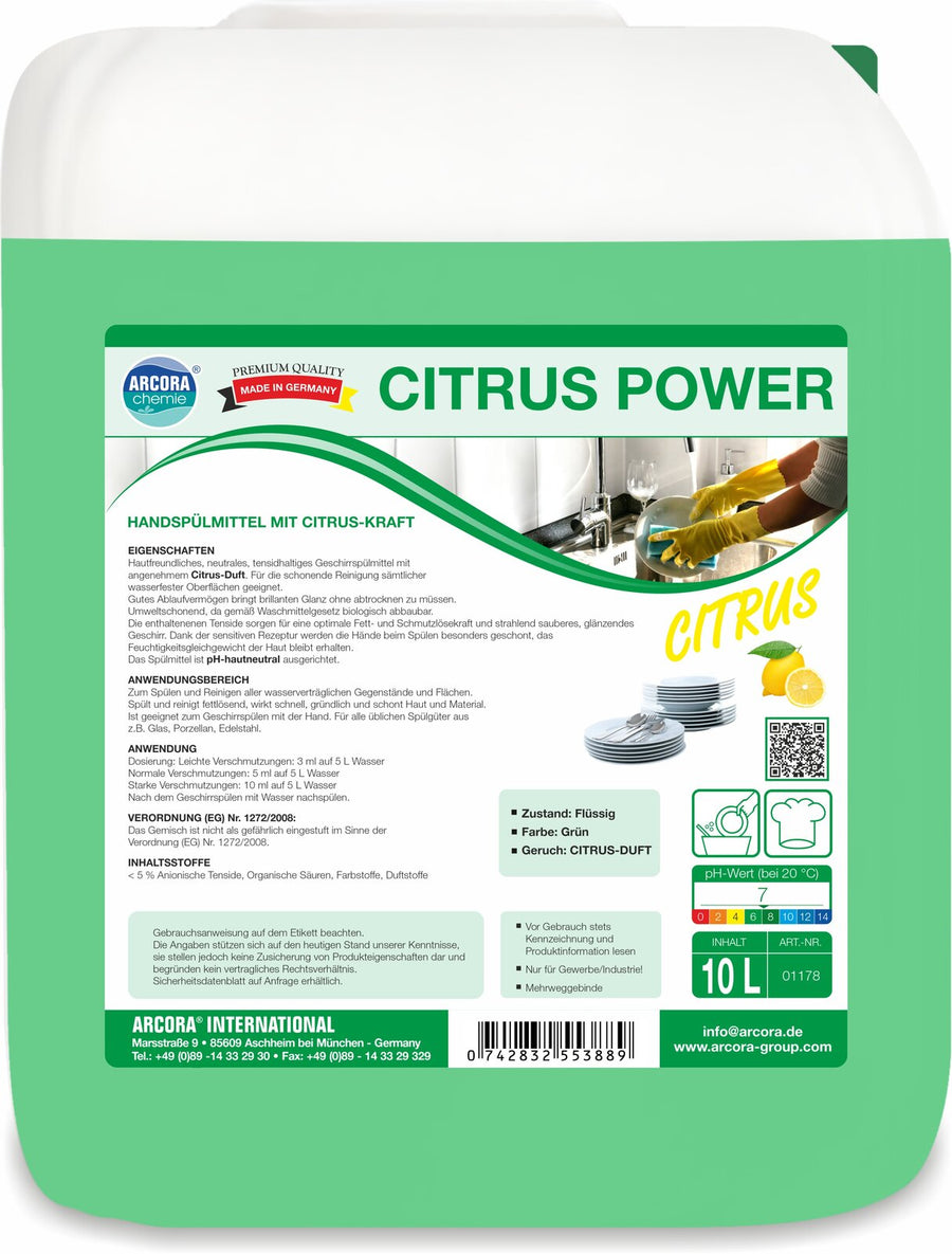 ARCORA Citrus Power Premium Handspülmittel mit Citrus-Kraft – 10 Liter Kanister