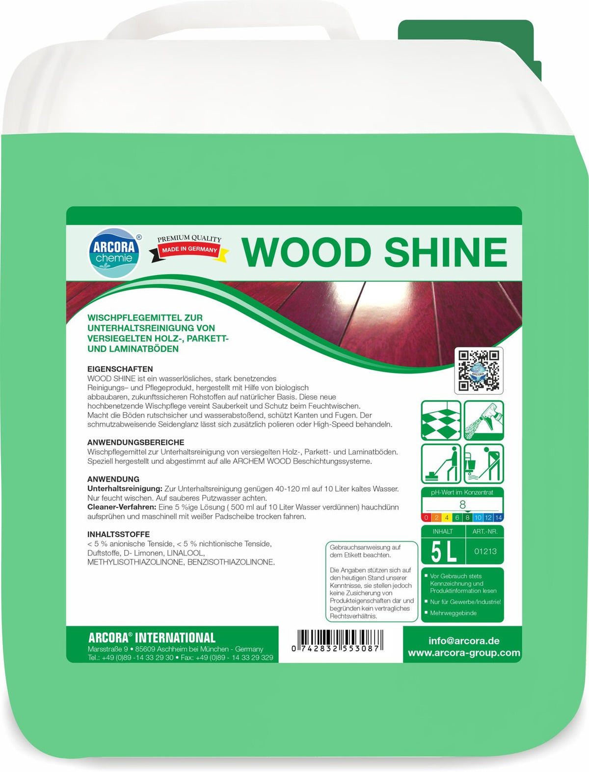 ARCORA Wood Shine препарат за поддръжка на запечатани дървени, паркетни и ламинирани подове – туба от 5 литра