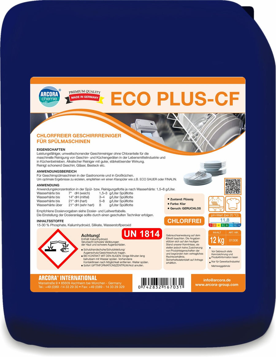 ARCORA Eco Plus-CF chlorfreier Geschirrreiniger für Spülmaschinen – 12 kg