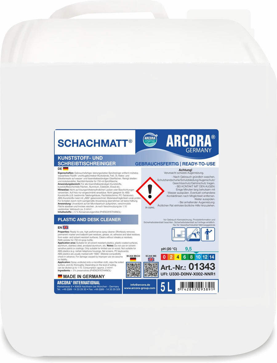ARCORA Schachmatt RTU Kunststoff- und Schreibtischreiniger, gebrauchsfertig – 5 Liter Kanister
