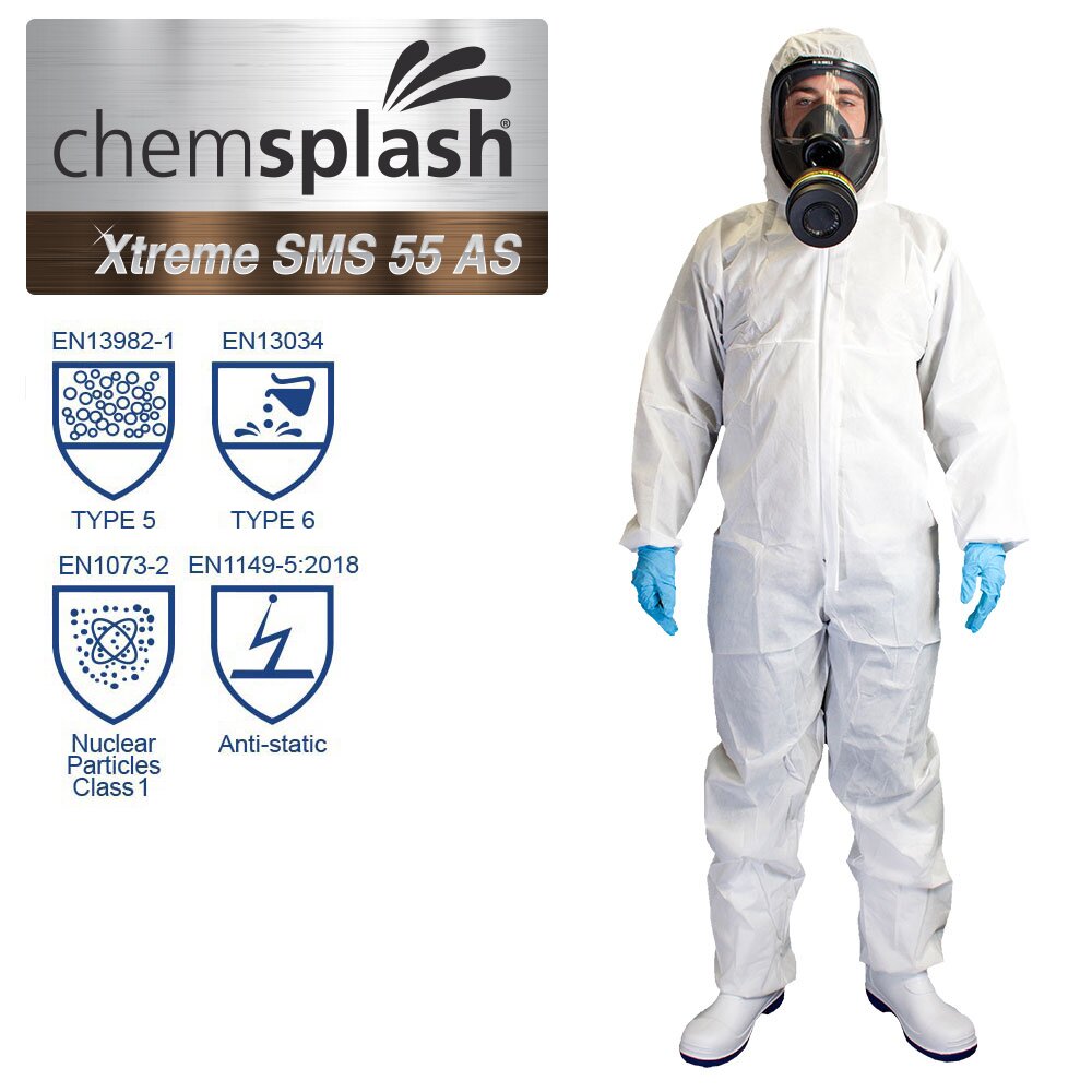 Chemsplash Xtreme SMS 50 Einwegoverall Typ 5/6 antistatisch, atmungsaktiv – 10 Stück – Größe S–3XL