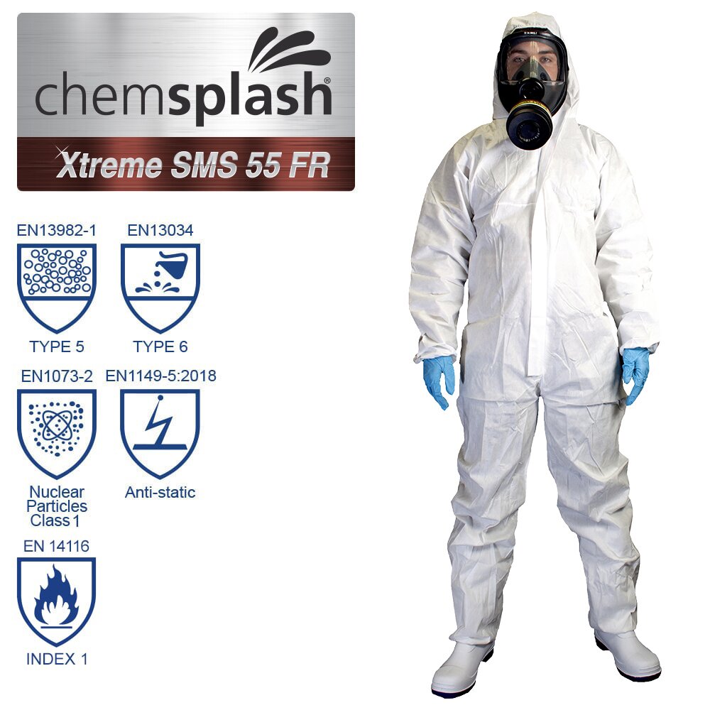 Chemsplash Xtreme SMS 50 FR Einwegoverall Typ 5/6 flammhemmend EN 14116 – 10 Stück – Größe S–3XL