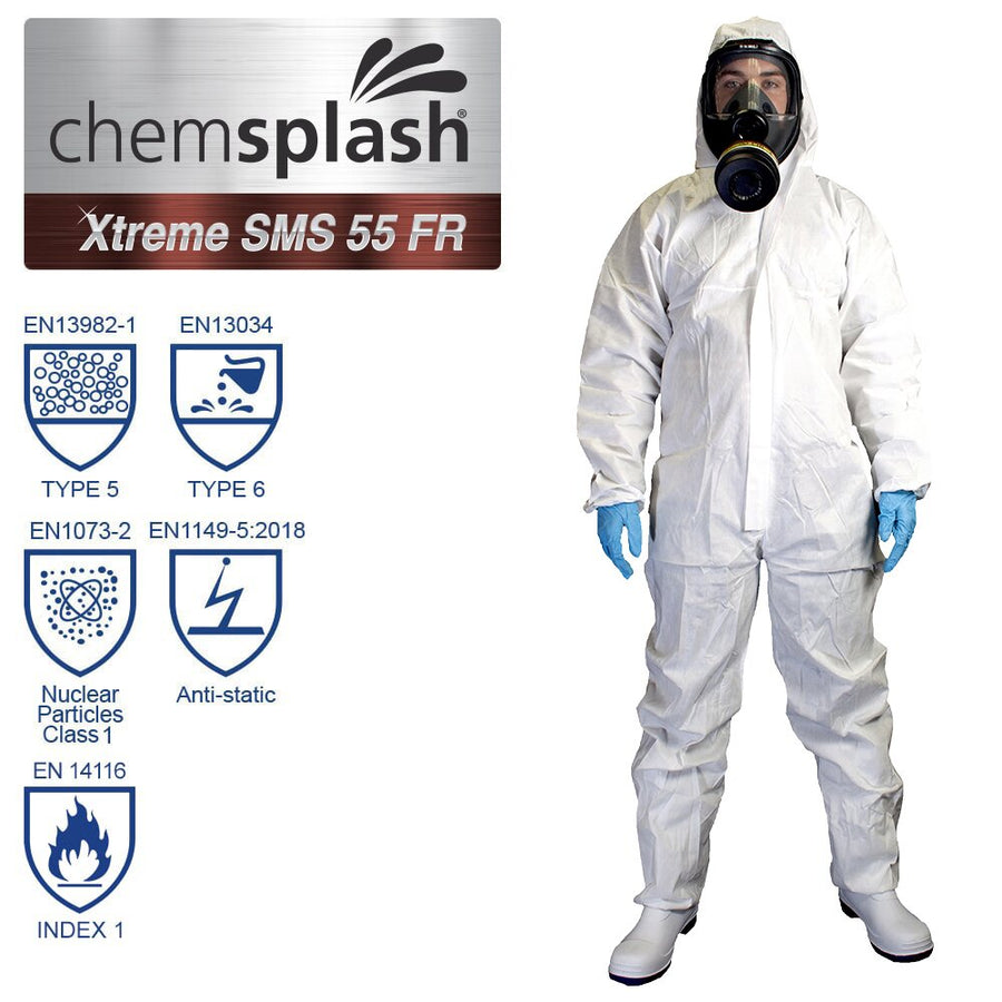 Chemsplash Xtreme SMS 50 FR Einwegoverall Typ 5/6 flammhemmend EN 14116 – 10 Stück – Größe S–3XL
