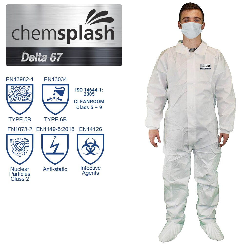Chemsplash Pro 63 Einwegoverall Typ 5B/6B mit Kragen, reinraumtauglich – 10 Stück – Größe S–3XL
