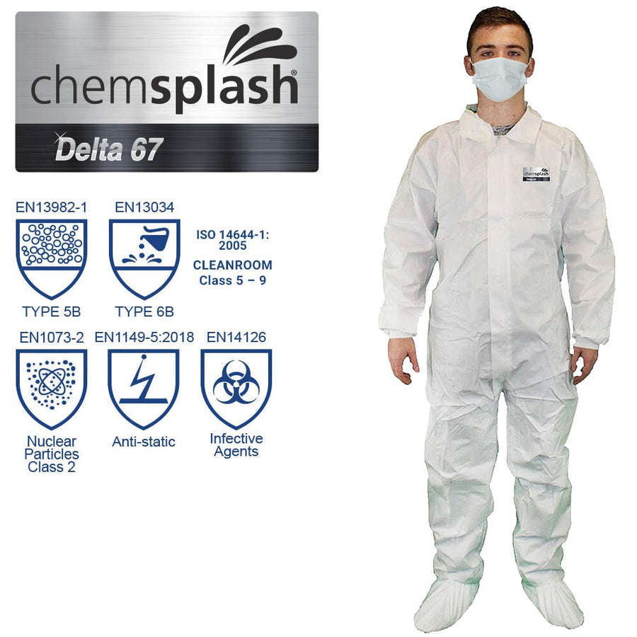 Chemsplash Pro 63 Einwegoverall Typ 5B/6B mit Kragen, reinraumtauglich – 10 Stück – Größe S–3XL