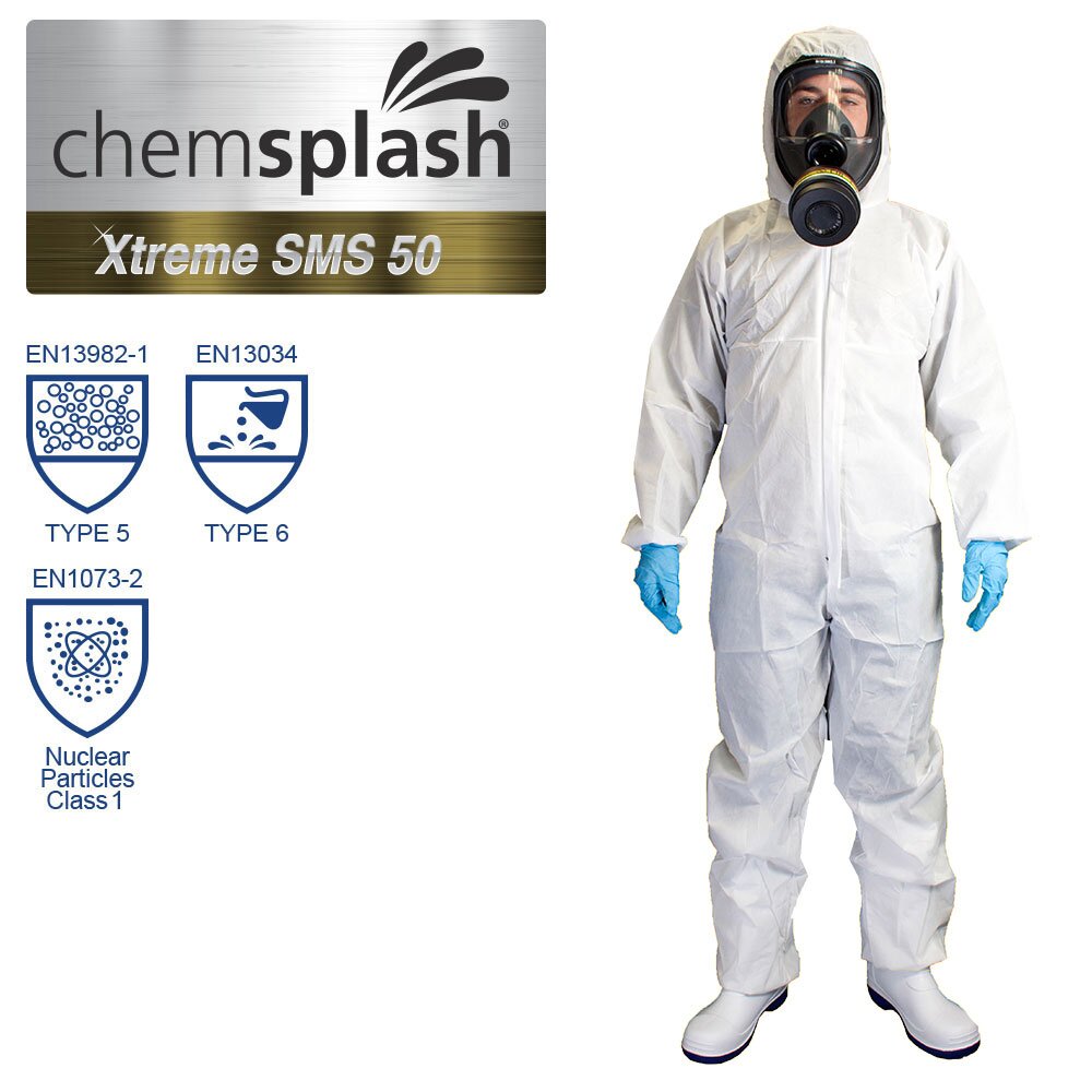 Chemsplash Xtreme SMS 50 Einwegoverall Typ 5/6, atmungsaktiv – 10 Stück – Größe S–3XL