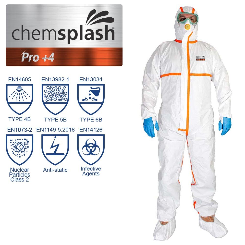 Chemsplash Pro+4 Chemikalienschutzanzug Typ 4B/5B/6B, verklebte Nähte – 10 Stück – Größe S–3XL