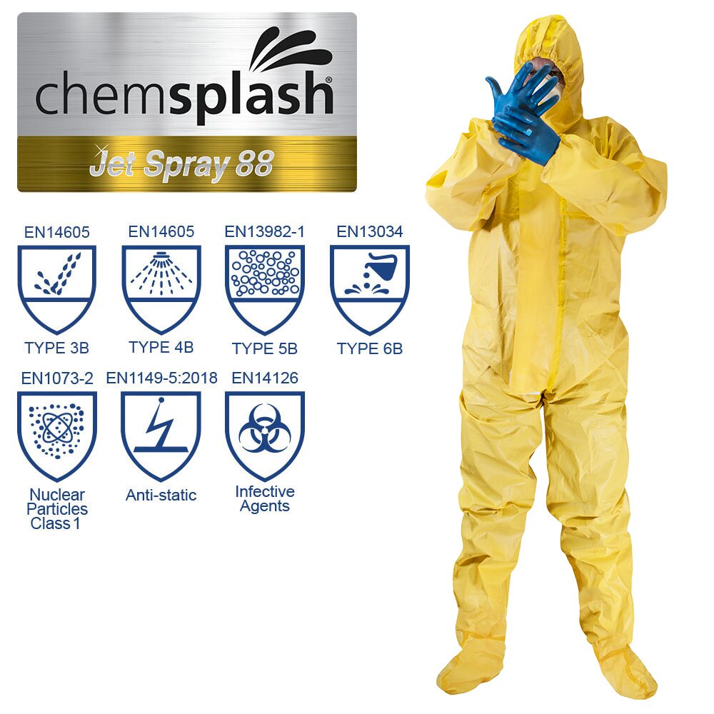 Chemsplash Jet Spray 88 Chemikalienschutzanzug Typ 3B/4B/5B/6B mit Füßlingen – 5 Stück – Größe S–3XL