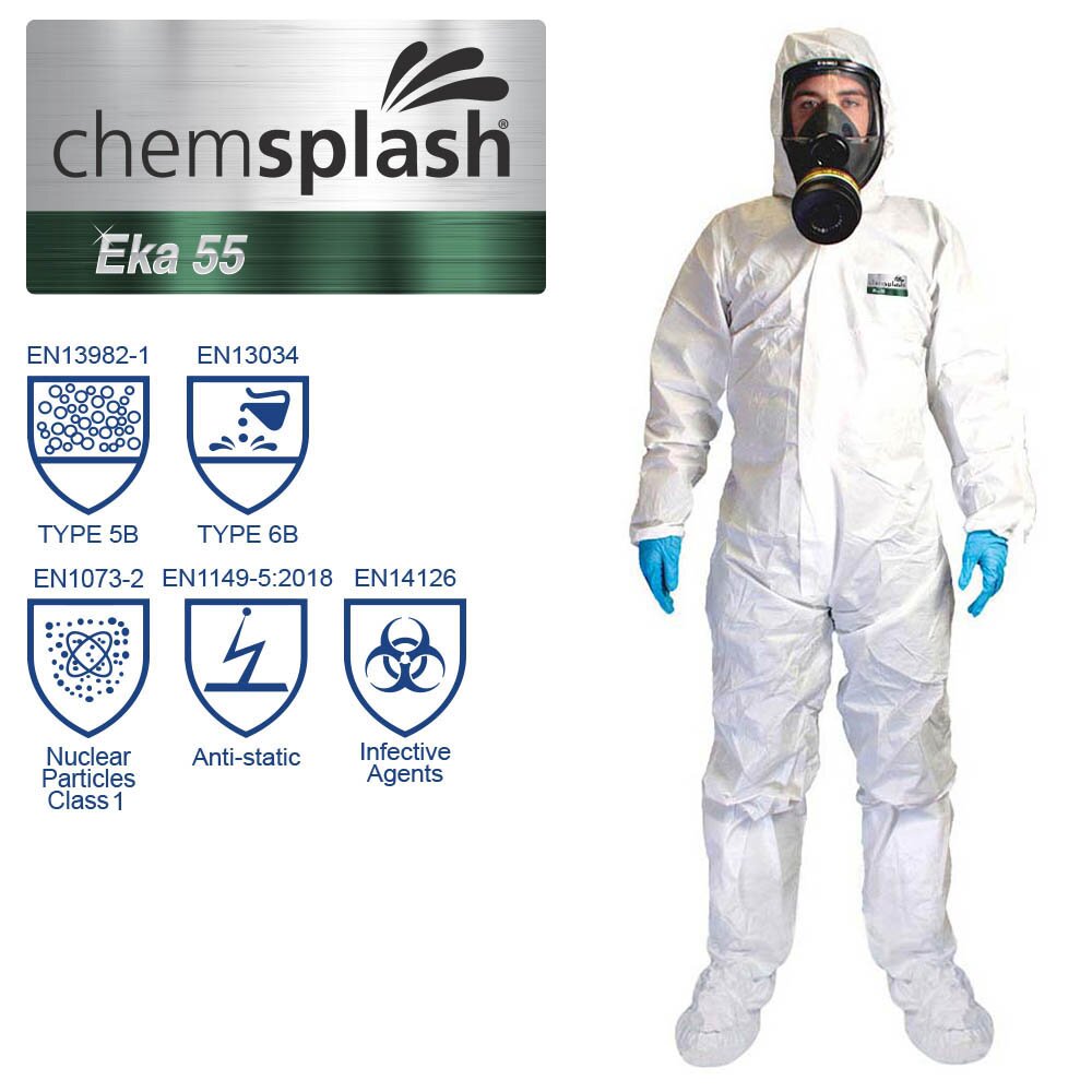 Chemsplash Eka 55 Einwegoverall Typ 5B/6B mit Füßlingen – 10 Stück – Größe S–3XL