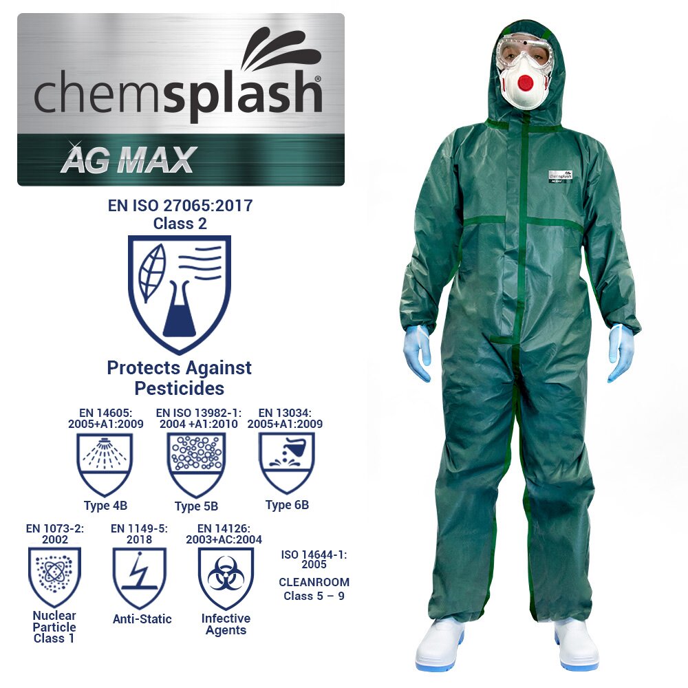 Chemsplash AG MAX Schutzanzug Typ 4B/5B/6B grün, Pflanzenschutz EN ISO 27065 – 10 Stück – Größe S–3XL