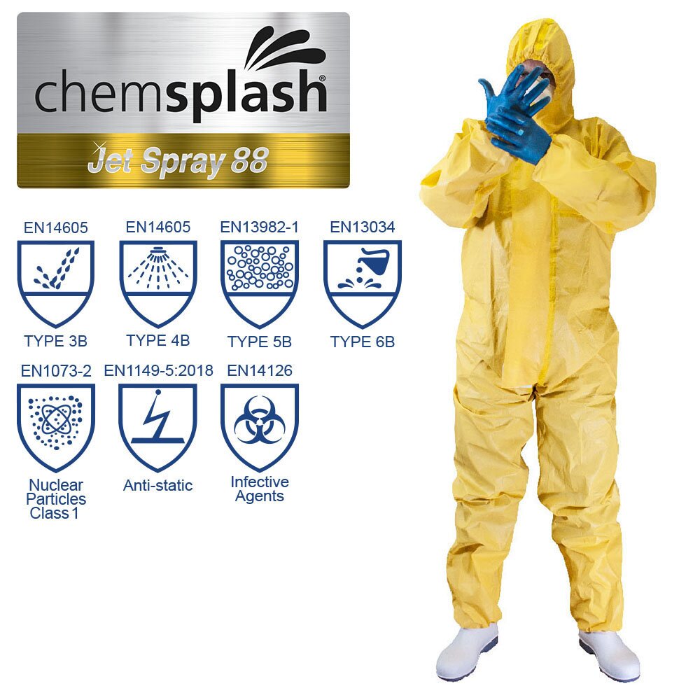 Chemsplash Jet Spray 88 Chemikalienschutzanzug Typ 3B/4B/5B/6B gelb – 5 Stück – Größe S–3XL