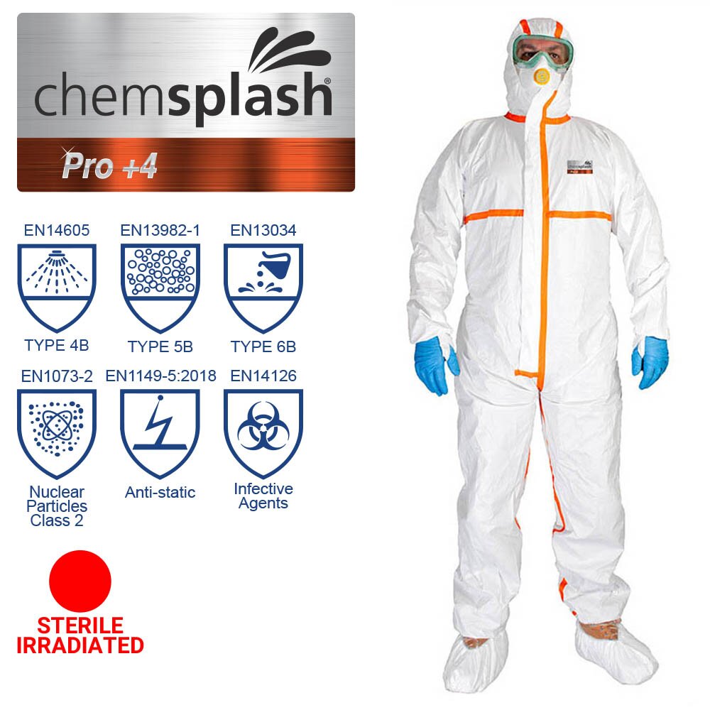 Chemsplash Pro+4 Chemikalienschutzanzug Typ 4B/5B/6B steril – 10 Stück – Größe S–3XL