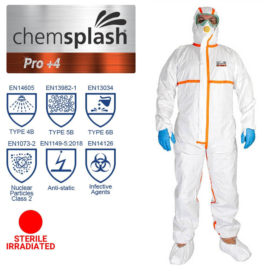 Chemsplash Pro+4 Chemikalienschutzanzug Typ 4B/5B/6B steril – 10 Stück – Größe S–3XL