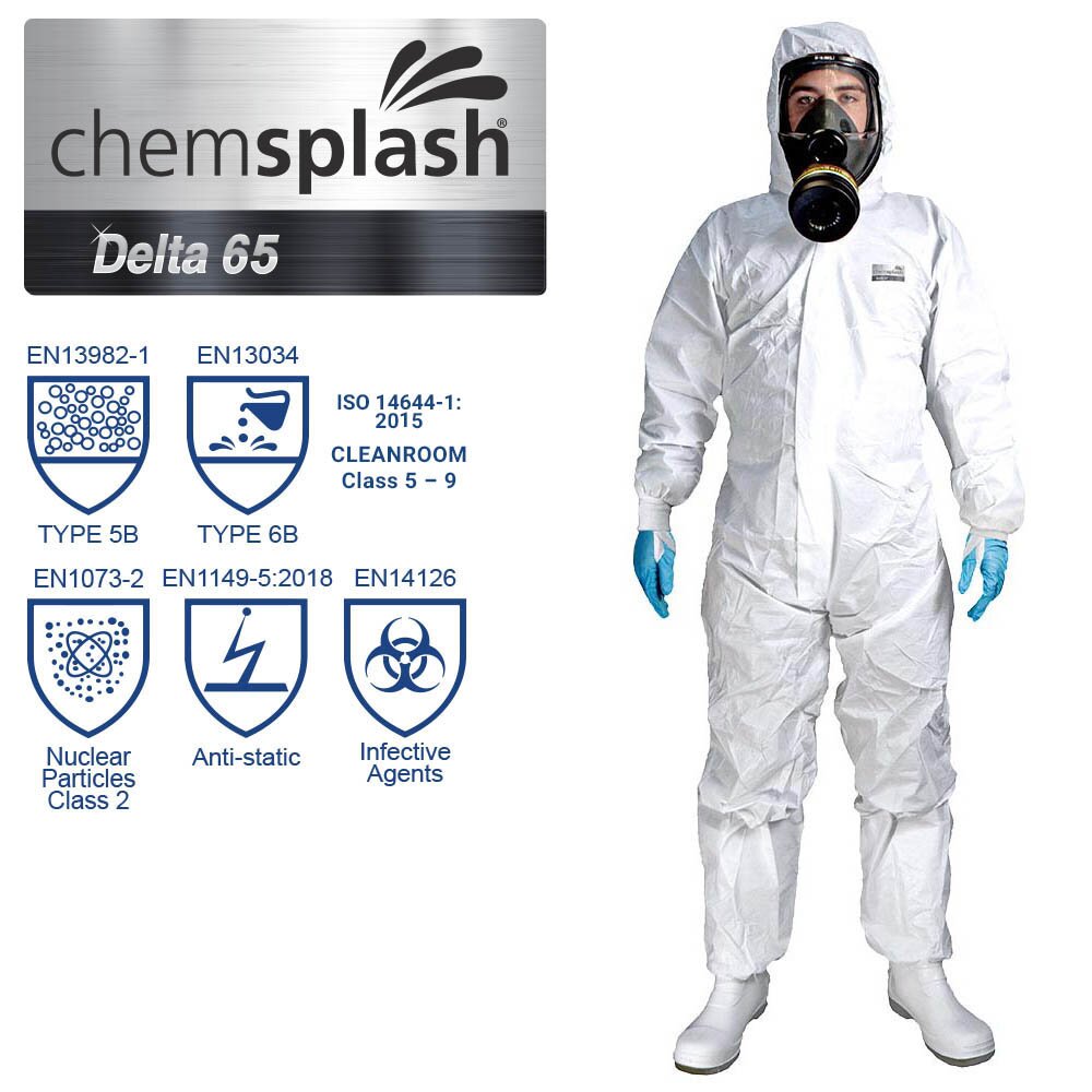Chemsplash Delta 67 Einwegoverall Typ 5B/6B mit Daumenschlaufen – 10 Stück – Größe S–3XL