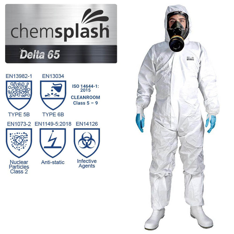 Chemsplash Delta 67 Einwegoverall Typ 5B/6B mit Daumenschlaufen – 10 Stück – Größe S–3XL