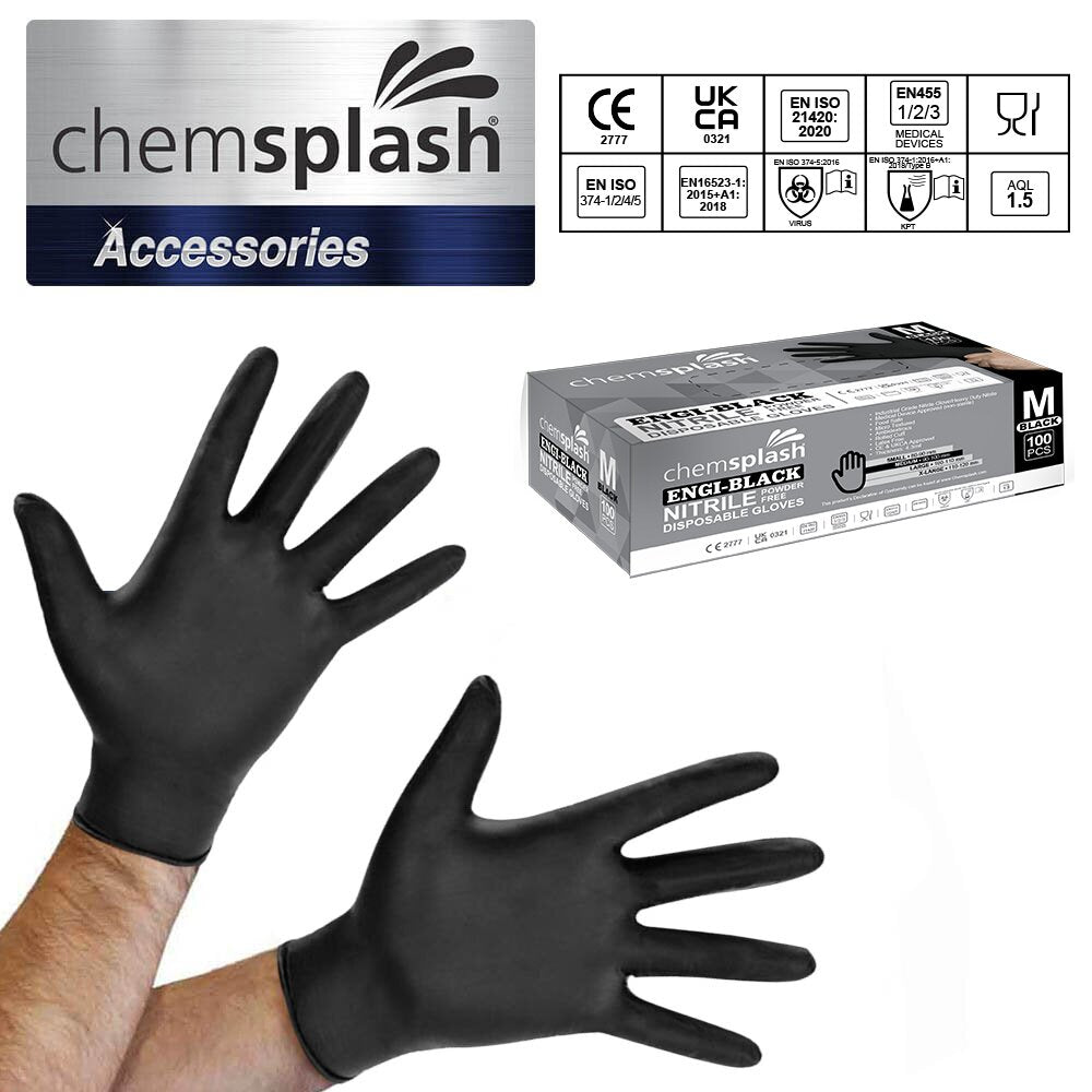 Chemsplash Nitril-Einweghandschuhe schwarz, puderfrei, medizinische Qualität – 200 Stück – Größe S–XL