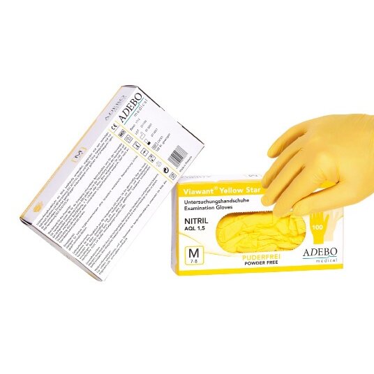 Viawant® Yellow Star нитрилни ръкавици жълти – 100 броя, без пудра (размер S–L)
