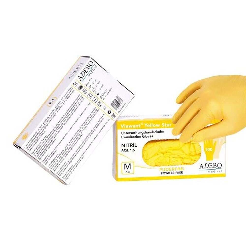 Viawant® Yellow Star нитрилни ръкавици жълти – 100 броя, без пудра (размер S–L)