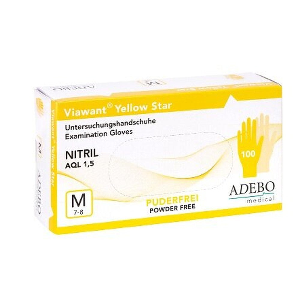 Viawant® Yellow Star нитрилни ръкавици жълти – 100 броя, без пудра (размер S–L)