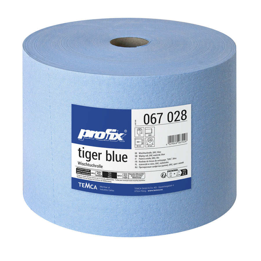 Profix Tiger Blue ролка с кърпи за почистване 29,5 x 34 см, 1-пластова, DRC материал, синя, крепована – 1 ролка с 800 листа