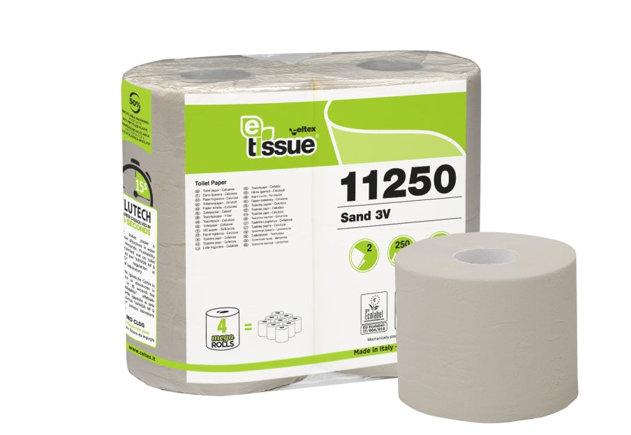 Celtex E-Tissue тоалетна хартия, 3-пластова, рециклирана хартия, бежова, 9,8 x 11 см, 250 листа – 40 ролки (10 x 4, пакет)
