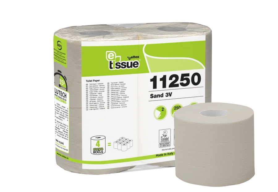 Celtex E-Tissue Toilettenpapier 3-lagig Recycling-Tissue beige, 9,8 x 11 cm, 250 Blatt – 40 Rollen (10 x 4, Pack)
