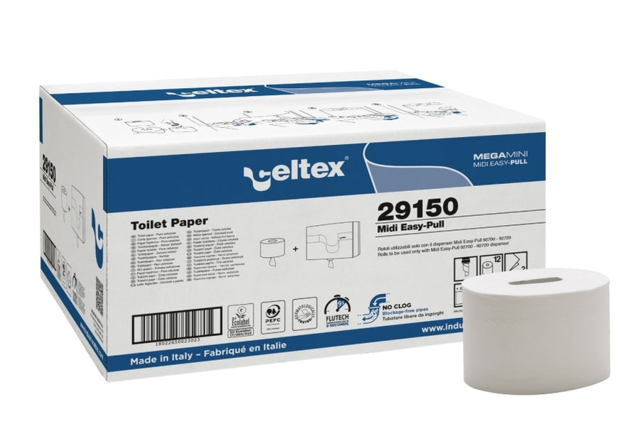 Celtex Midi Easy-Pull System Toilettenpapier 2-lagig Zellstoff hochweiß, 11 x 26 cm, 580 Blatt – 12 Rollen (Karton)