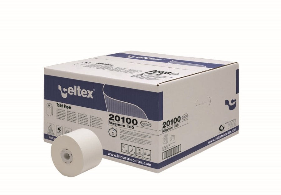 Celtex Magnum System Toilettenpapier 2-lagig Zellstoff-Tissue hochweiß, 9,2 cm x 100 m – 18 Rollen (Karton)