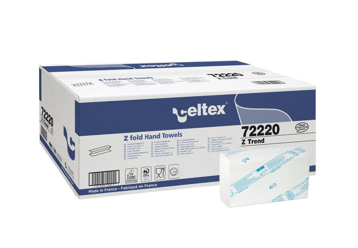 Celtex Z Trend сгънати хартиени кърпи за ръце, 2-пластови, целулоза, бели, 20,5 x 24 см – кашон с 3750 кърпи (25 x 150)