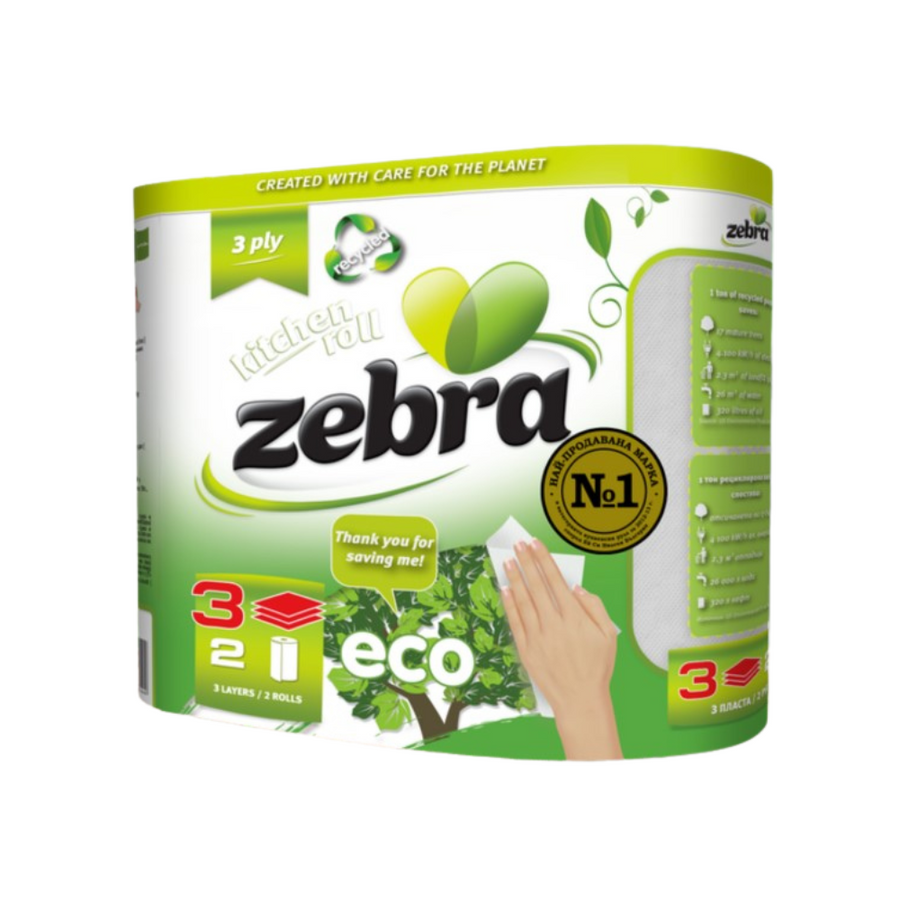 ZEBRA Kitchen Towels Green ECO 2 rolls, 3-ply, 90 sheets per roll (23x11.5 cm), roll length - 10.4m