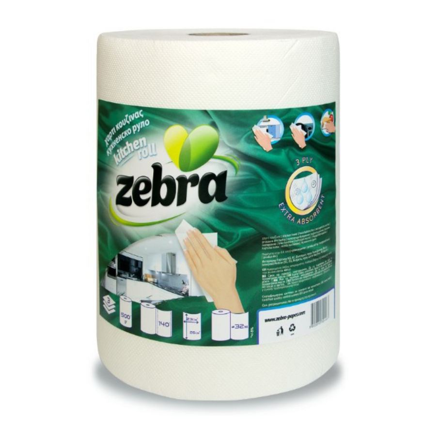 ZEBRA Kitchen Roll Extra Absorbent, 100% cellulose, 3-ply, 140 sheets per roll (26x23 cm), roll length 32 m