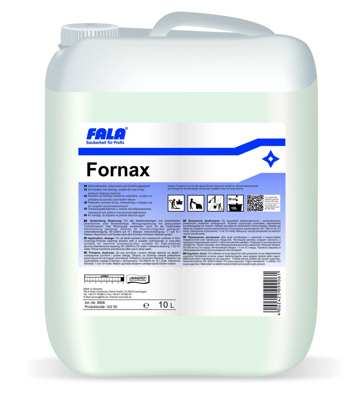 FALA Fornax препарат за почистване на упорити замърсявания, подходящ за водоструйки, туба 10 л
