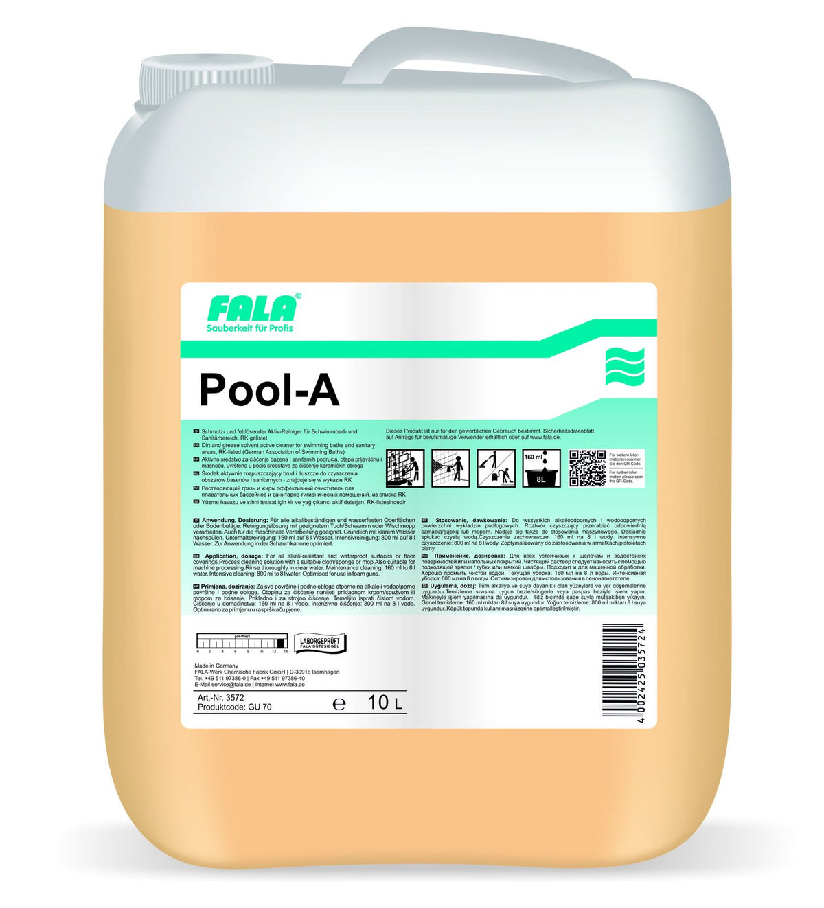 FALA Pool-A алкален препарат за почистване на плувни басейни 10 л – туба