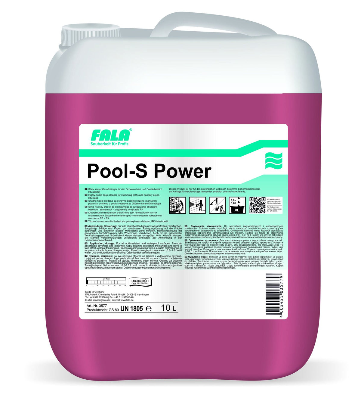 FALA Pool-S Power киселинен препарат за основно почистване на плувни басейни, 10 л – туба