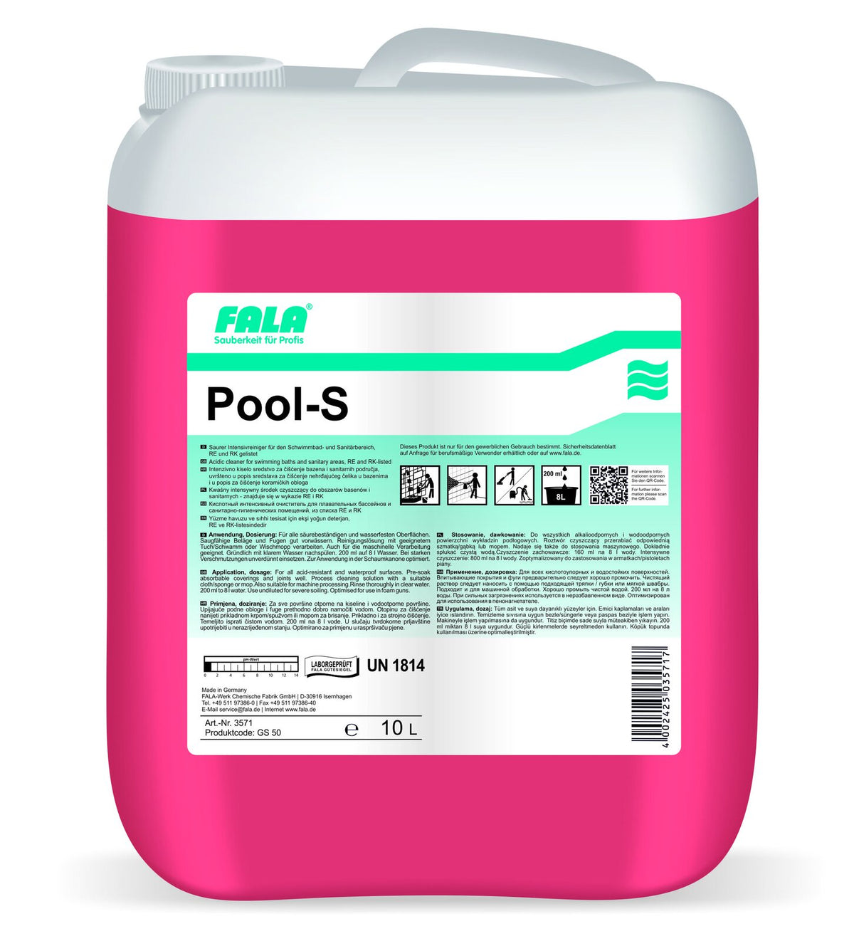 FALA Pool-S почистващ препарат за басейни, киселинен, 10 л – туба