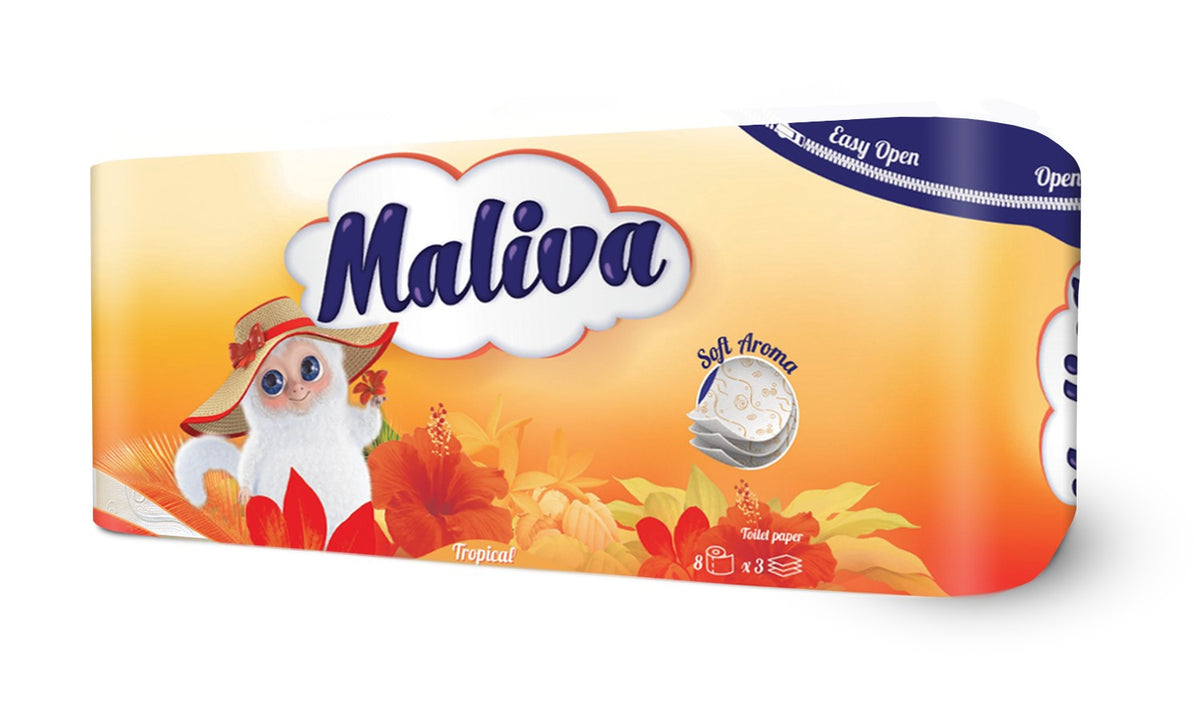 Тоалетна хартия Maliva Tropical 56 ролки, 100% целулоза, 3-пластова, 130 къса на ролка (9,1x13 см), дължина на ролката 17 м