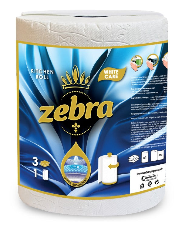ZEBRA Paper Towels White Care 100% cellulose, 3-ply, 270 sheets per roll (24 x 22.5 cm), roll length 65 m