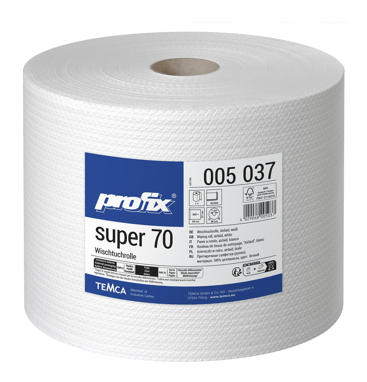 Profix Super 70 Wischtuchrolle 1-lagig Airlaid hochweiß, 27 x 38 cm, 500 Blatt – 1 Rolle