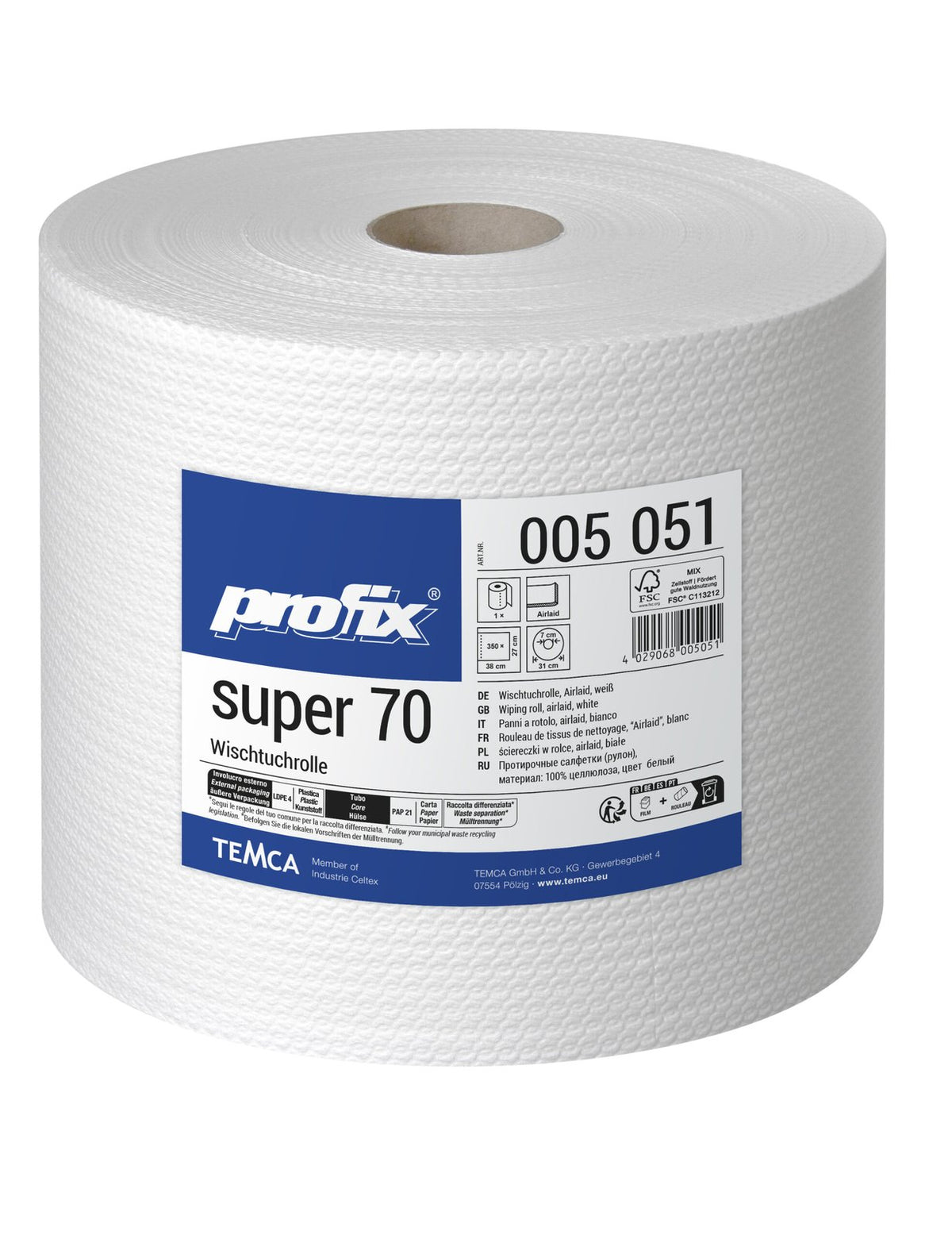 Profix Super 70 Wischtuchrolle 1-lagig Airlaid hochweiß, 27 x 38 cm, 350 Blatt – 1 Rolle