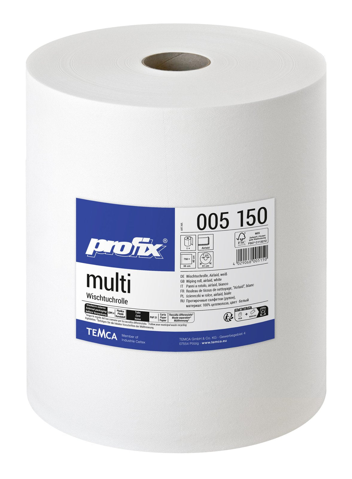 Profix Multi Wischtuchrolle 1-lagig Airlaid hochweiß, 40 x 38 cm, 750 Blatt – 1 Rolle