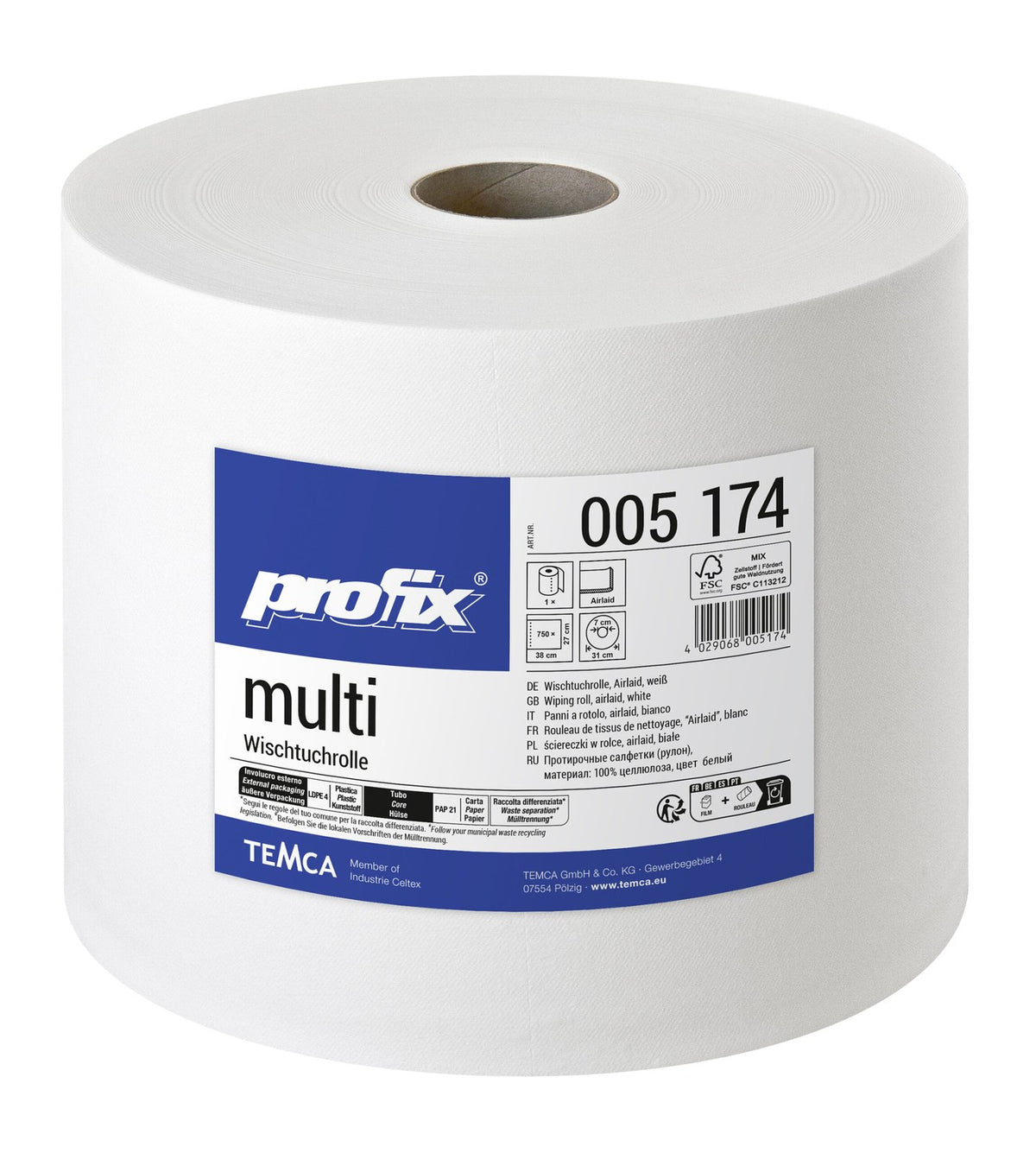 Profix Multi Wischtuchrolle 1-lagig Airlaid hochweiß, 27 x 38 cm, 750 Blatt – 1 Rolle