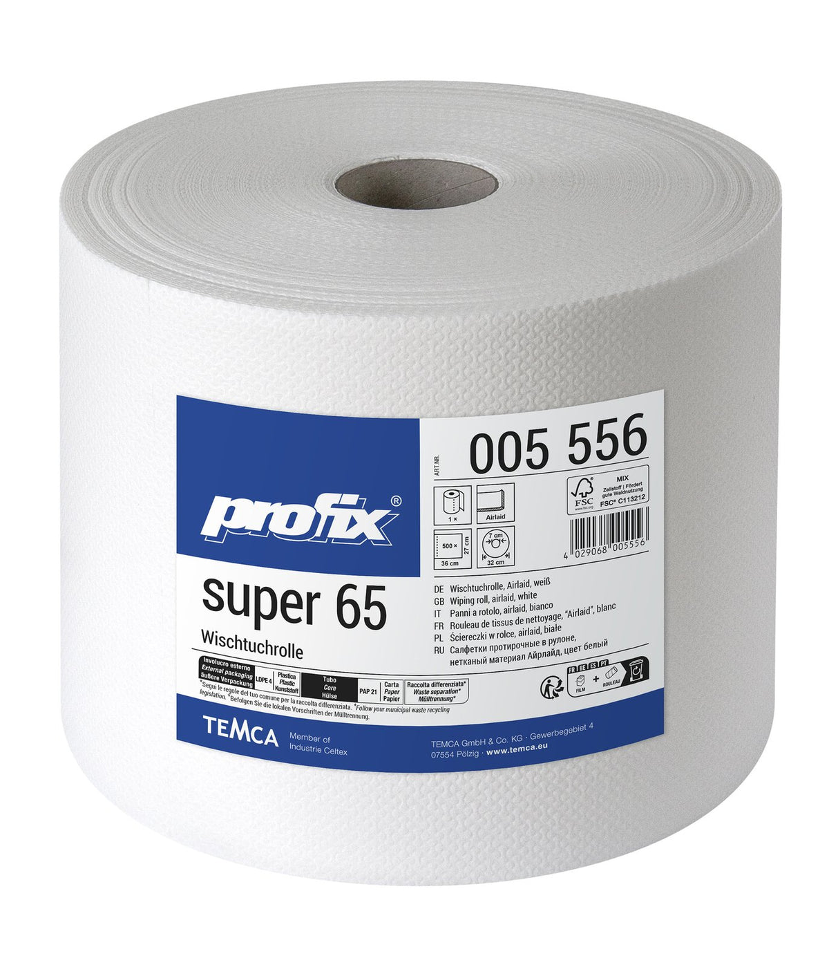 Profix Super 65 Wischtuchrolle Airlaid hochweiß, 27 x 36 cm, 500 Blatt – 1 Rolle
