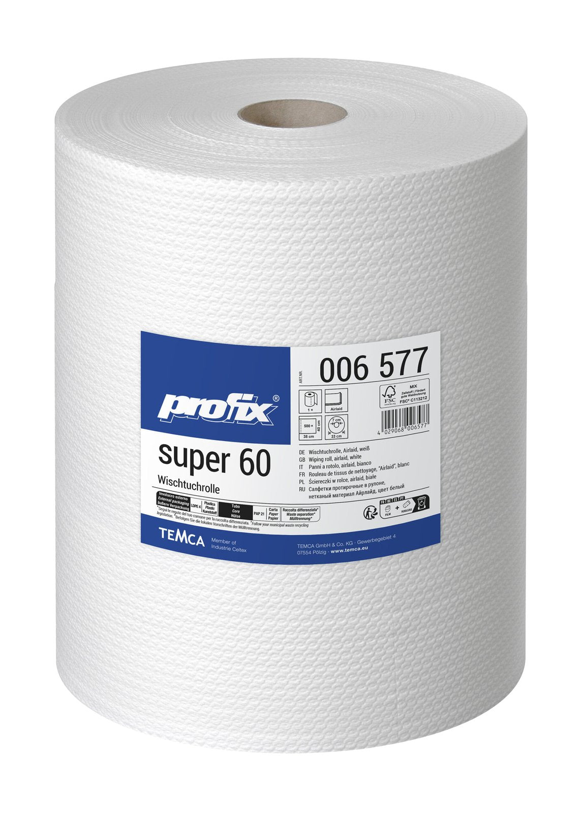 Profix Super 60 ролка почистващи кърпи Airlaid, яркобели, 40 x 38 см, 500 листа – 1 ролка